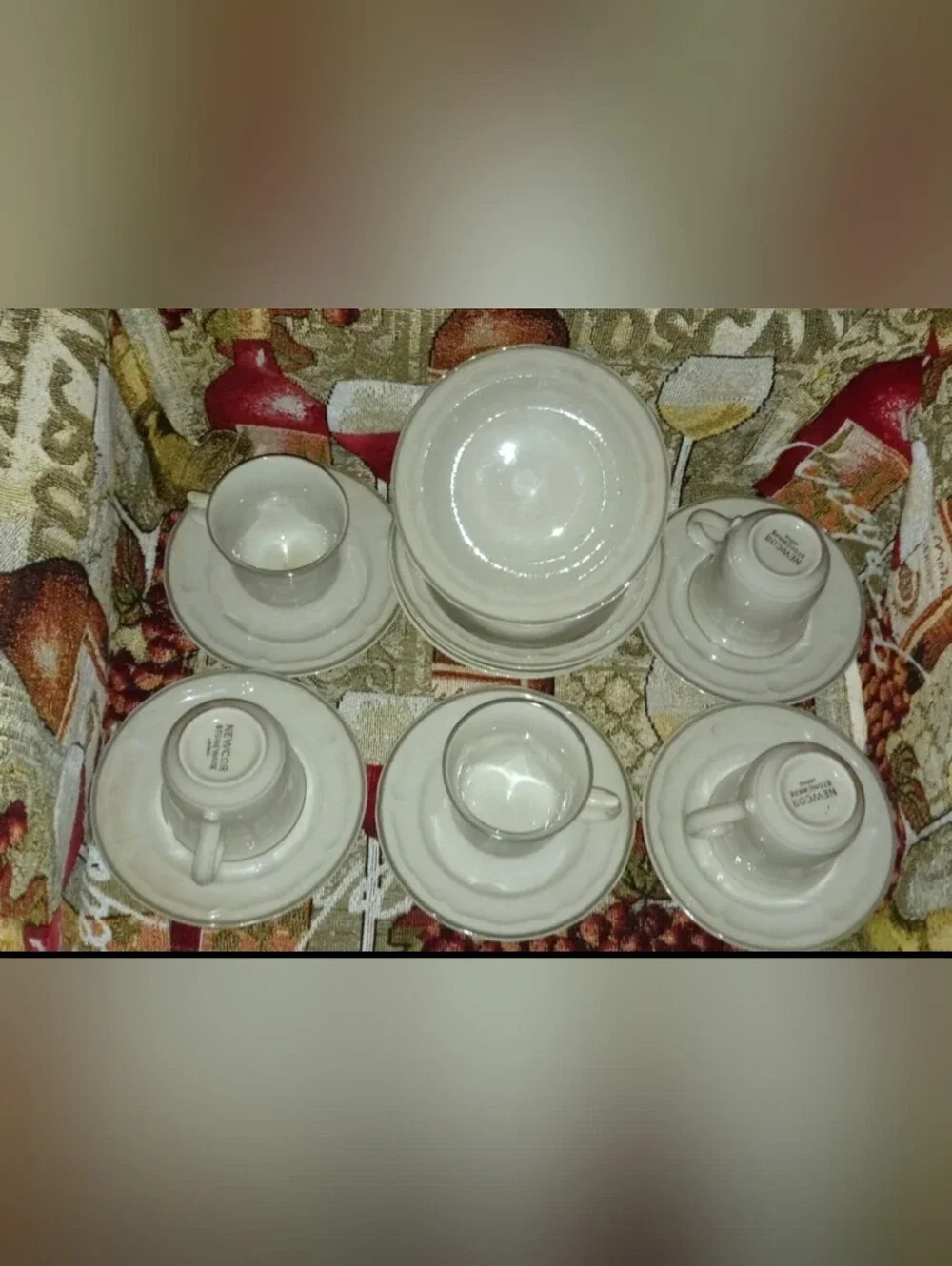 Vintage 1980's NewCor Stoneware Japan 5 Teacup & Saucer Set Plus 4 Bowls W/ Gray